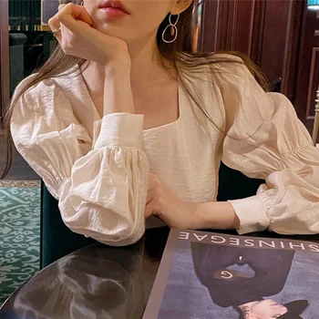 Blusas Mujer De Moda 2020 Tričko Ženy Korean Módní Náměstí Límec Halenka Volné Plná Barva Skládaný Puff Rukáv Topy 8A166