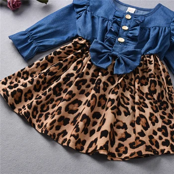 Holky Nové Šaty na Jaře a na Podzim Baby Girls Oblečení Móda Leopard Patchwork Dlouhý Rukáv Tutu Šaty Pro Děti 1-6 Let