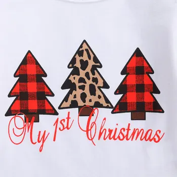 2020 Vánoční Novorozeně Dívka Šaty Set Dlouhý Rukáv Vánoční Strom Tisk Romper+ Luk Kalhoty+ Čelenka 3ks