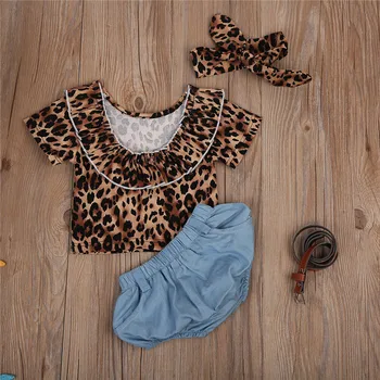 2017 Rozkošný Dítě Dívka Leopard T-Shirt TOPY+Džínové Šortky Kalhoty+čelenka 3KS Dítě, dívka, Oblečení nastavit 0-24M děti Nosit Oblečení