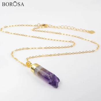 BOROSA Gold Silver Plated Přírodní Amrthysts Pilíř Přívěsek Náhrdelník, Purple Crystal Druzy Náhrdelník Ženy Léčivé Šperky WX1505-N
