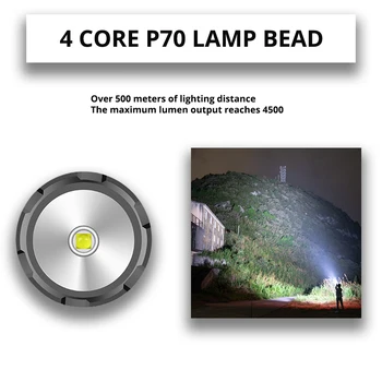 4 Jádro P70 Super Bright LED Svítilna Venkovní vodotěsné přenosné osvětlení nástroj S Bezpečnostní kladivo ocas Použijte 26650 baterie