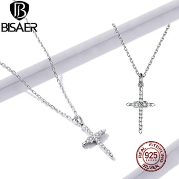 BISAER Kříž Náhrdelník 925 Sterling Silver Infinity Láska Zirkony Řetěz Pro Ženy, Šperky 45 cm Nastavitelný Řetízek EFN184