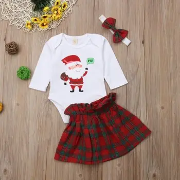 Novorozené Děti Dívky Dítě Vánoční Santa Kombinézu S Kostkované Slirt Čelenku Kostým Oblečení Set