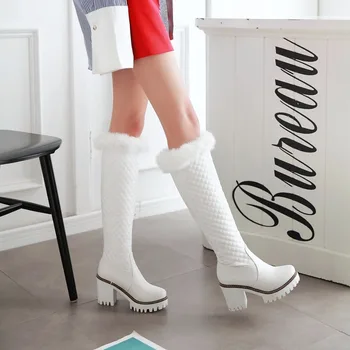 2020 Bavlněné módní nepromokavé kozačky ženy kolena vysoké boty Vysoké podpatky zimní boty platforma kožešinové boty ženy bílá černá