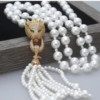 10-3 mm south sea pearl náhrdelník, Leopard, panter Hlava Zirkon Přírodní Shell Pearl Střapce Řetěz Módní Šperky Náhrdelník