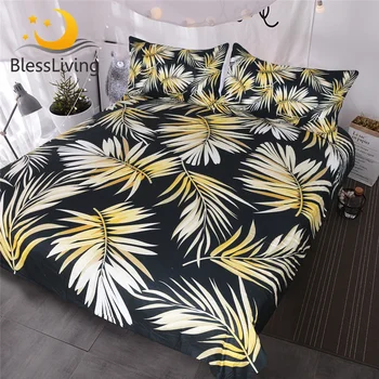BlessLiving Palm Tree Moderní Ložní prádlo Černé Bílé Zlato Peřinu 3 Ks Elegantní a Elegantní Tropické Přehoz pro Dívky Ženy
