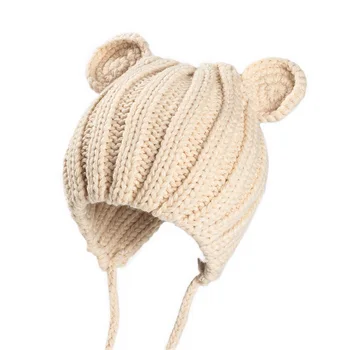 2021 1-3 roky Nové Dětské Čepice Podzim Zimní Teplé Vlněné Flush Knit Solid Barva Klobouk Roztomilý Medvěd Uši čepice Čepice Pro Dívky Chlapci