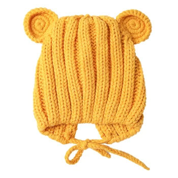 2021 1-3 roky Nové Dětské Čepice Podzim Zimní Teplé Vlněné Flush Knit Solid Barva Klobouk Roztomilý Medvěd Uši čepice Čepice Pro Dívky Chlapci