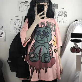 Harajuku Pastel Goth Růžové Tričko Krátký Rukáv Roztomilé Tričko pro Ženy, Dospívající Dívky, Korean Oblečení Streetwear Gotické Grafické
