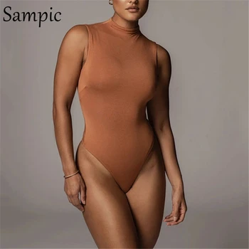 Sampic Black Bez Rukávů Rolák Off Rameno Ženy Kombinézu Sexy Podzim 2020 Krátké Rompers Základní Skinny Bílé Tělo Topy