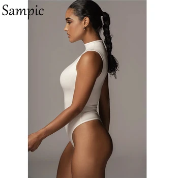 Sampic Black Bez Rukávů Rolák Off Rameno Ženy Kombinézu Sexy Podzim 2020 Krátké Rompers Základní Skinny Bílé Tělo Topy