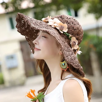 Letní Květina Rafie Luk Sluneční Klobouk Ženy, Velký Klobouk Beach Sun Hat Skládací Sluneční Ochrana Uv Panama Klobouk S Capeu Kost