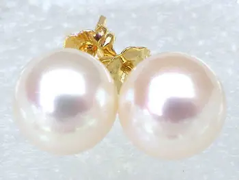 Velmi luxusní 7,8 mm AAA+++ kulaté bílé akoya perlové náušnice 14k žluté zlato