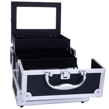 Hliníkové Make-Up Storage Case Box Šperky Kosmetický Organizér Se Zrcadlem Cestovní Make-Up Pouzdro Pro Skladování