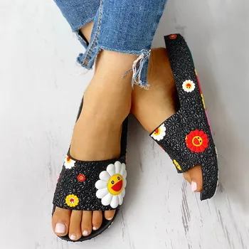3D Usmívající se Slunečnice Plážové Pantofle Sandály na Platformě Ženy Ležérní Byty Flip Flops Boty Domů Lázeň, Krytý Mimo Letní PVC PU