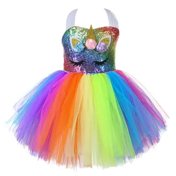 Duhové Flitry Unicorn Tutu Šaty Pro Dívky Birthday Party Oblečení Set Děti Halloween Karneval Cosplay Kostým Jednorožce Oblečení