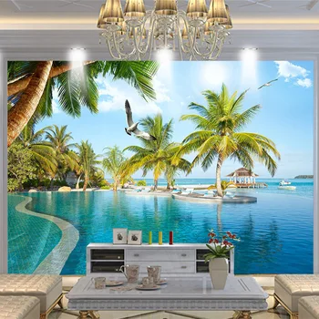 Foto Tapety 3D Stereo Bazén, Přímořské Krajiny, nástěnné Malby Obývací Pokoj Theme Hotel Pozadí Zeď Tkaniny Papel De Parede