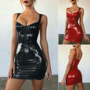 Černé Sexy Bodycon Letní Šaty 2019 Špagety Popruh Obvaz Mini Šaty Party Ležérní Základní Latexové Umělé Kůže Šaty