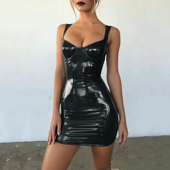 Černé Sexy Bodycon Letní Šaty 2019 Špagety Popruh Obvaz Mini Šaty Party Ležérní Základní Latexové Umělé Kůže Šaty