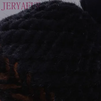 Nové Módní Zimní Ucho Teplé Ženy Pletení Čepice Skutečný Přírodní Norkové Klobouky Dva-barva Zápas Cross-weave S Liščí Kožešinou Bambulí Na Vrcholu