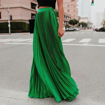 Skládaný Šifon Vysokým Pasem Dámské Maxi Sukně Podlahy Délka Pevné Dlouhé Sukně Dámy 2020 Volné Zelená Černá Růžová Dna Žena