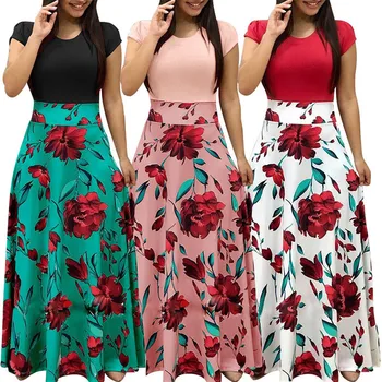 3 Barvy, 5 Velikosti Patchwork, Květinové Tisk Krátký Rukáv Šaty Módní Party Šaty Maxi 2020 Dlouhé Šaty Ženy Letní Boho Beach