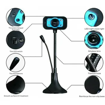 HD Webcam Hráč Webové Kamery USB LED Noční Vidění Vestavěný Mikrofon Redukce Šumu Video Konference Učení Cam Pro PC Laptop