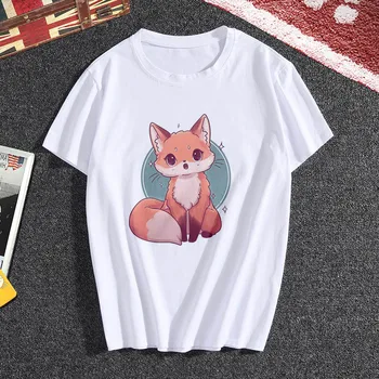 Lus Los nové kawaii fox print T shirt Ženy bederní roztomilé T-shirt ženy Módní Harajuku bílé o-neck topy Tričko oblečení
