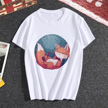 Lus Los nové kawaii fox print T shirt Ženy bederní roztomilé T-shirt ženy Módní Harajuku bílé o-neck topy Tričko oblečení