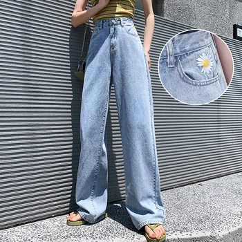 Vysokým pasem džíny ženy 2020 nové příležitostné slim široký-nohy džíny volné a slim populární daisy vzor kalhoty ženy