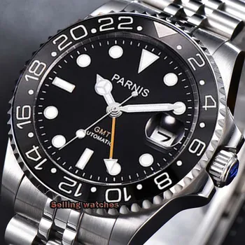 40mm PARNIS black dial světelný Safírové sklo Keramické bezel GMT automatické pánské hodinky Luxusní Značky Top Mechanické Hodinky