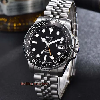40mm PARNIS black dial světelný Safírové sklo Keramické bezel GMT automatické pánské hodinky Luxusní Značky Top Mechanické Hodinky