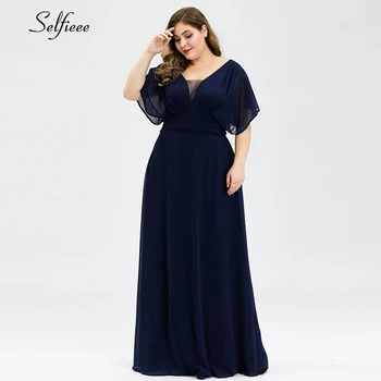 Plus Velikost Tmavě Modré Dámské Šaty Double V-Neck Krátký Rukáv A-Line Šifon Maxi Šaty Elegantní Dlouhé Společenské Šaty Robe Femme