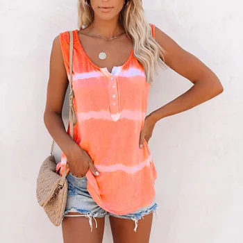 5XL Plus Velikosti Letní Beach T Shirt Ženy Tie-Barvivo tisk bez Rukávů Pruhované Tričko Casual O-Neck Tlačítko Streetwear Žena Volný Top