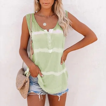 5XL Plus Velikosti Letní Beach T Shirt Ženy Tie-Barvivo tisk bez Rukávů Pruhované Tričko Casual O-Neck Tlačítko Streetwear Žena Volný Top