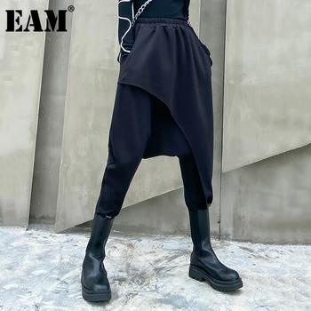 [EAM] Vysoký Elastický Pas Černé Krátké Dlouhé Harem Kalhoty Nové Loose Fit Kalhoty Ženy Módní Příliv Jaro Podzim 2021 1DA898