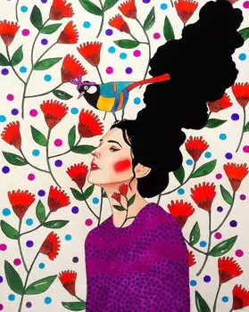 Vintage Barevné Holku, Vlasy, Květ, Pták Wall Art Malířské Plátno Nordic Plakát Cuadros Zeď Obrázky Pro Obývací Pokoj Nerámováno