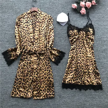 Hedvábné Pyžamo pro Ženy, Domácí Oblečení, Letní Pijama Ženy Leopard Pyjama Satén 4 Ks Sada Sada oblečení na Spaní Pyžama Sexy Para Mujer