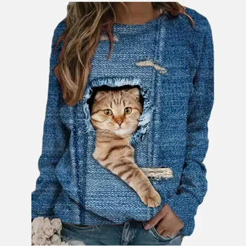 Jarní Ležérní O-Krk Kreslená Kočka Pruhované Dlouhý Rukáv Ženy T-Shirt Podzim Plus Velikosti Modrá Barva Pulovr Volné Topy