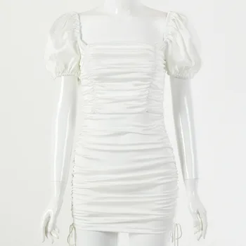 NCLAGEN Nastavitelná Délka Drwastring Skládaný Ženy Letní Elegantní Saténové Šaty Puff Rukáv Vintage Náměstí Límec Bílé Vestidos