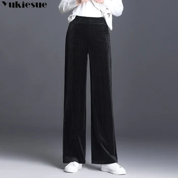 Manšestrové streetwear podzimní pruhované dámské kalhoty žena vysokým pasem široký nohou kalhoty, capris pro ženy, kalhoty, ženy Plus velikost