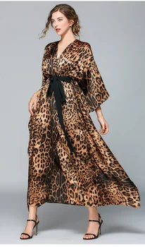 Ženy Sexy Leopard Vytištěno Maxi Šaty Dámské V Krku Dlouhý Rukáv Šaty Letní Dráhy Batwing rukáv Volné Dlouhé Šaty s Páskem