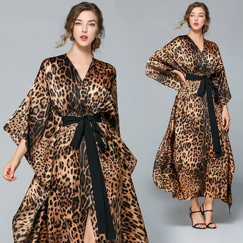 Ženy Sexy Leopard Vytištěno Maxi Šaty Dámské V Krku Dlouhý Rukáv Šaty Letní Dráhy Batwing rukáv Volné Dlouhé Šaty s Páskem