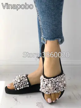 Sexy String Korálek Pearl Letní Boty Pro Ženy Módní Drahokamu Sandály Žen Ploché Sandály Ručně vyráběné Pantofle Ženy ležérní Boty