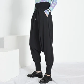 [EAM] Vysoký Elastický Pas Černé Krátké Dlouhé Harem Kalhoty Nové Loose Fit Kalhoty Ženy Módní Příliv Jaře, v Létě 2021 RA22401