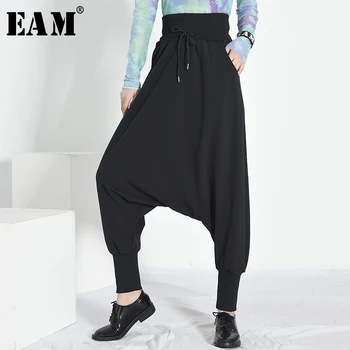 [EAM] Vysoký Elastický Pas Černé Krátké Dlouhé Harem Kalhoty Nové Loose Fit Kalhoty Ženy Módní Příliv Jaře, v Létě 2021 RA22401