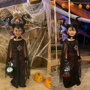Eraspooky 2018 Fialová Spider Upír Cosplay Dívky Halloween kostým pro děti Lace Cape Dlouhé Šaty Karneval Party Královna Límec