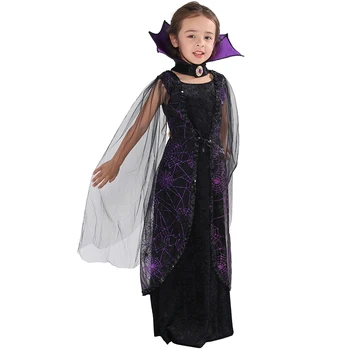 Eraspooky 2018 Fialová Spider Upír Cosplay Dívky Halloween kostým pro děti Lace Cape Dlouhé Šaty Karneval Party Královna Límec