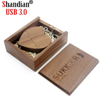 SHANDIAN USB 3.0 zdarma vlastní Logo Dřevěné Srdce + BOX Memory Stick Pen Drive 4gb 8gb 16gb 32gb 64gb Logo na míru Svatební Dary